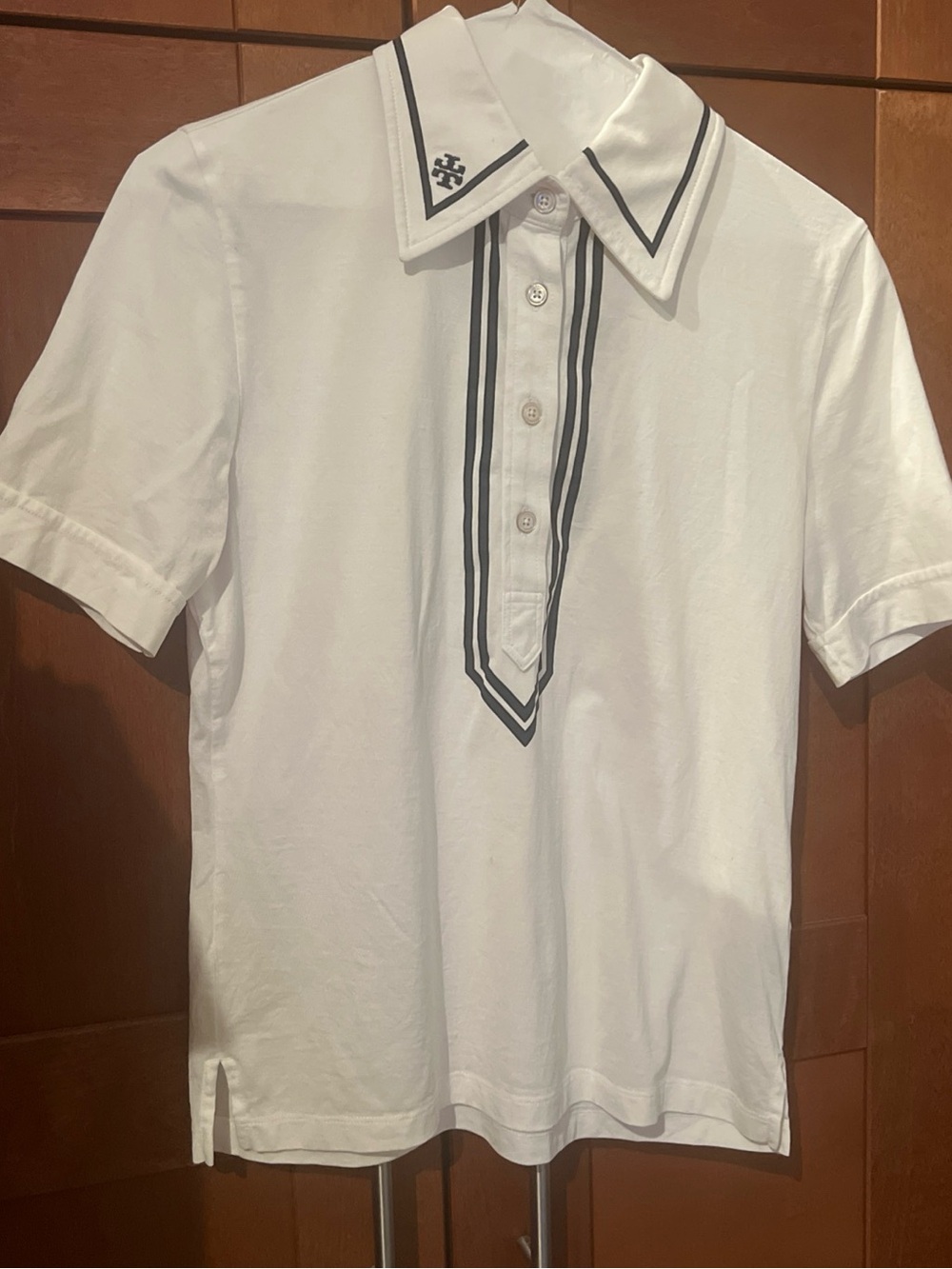 Tory Burch RETRO MERCERIZED COTTON POLO Size Small White Blue Preowned Mint!